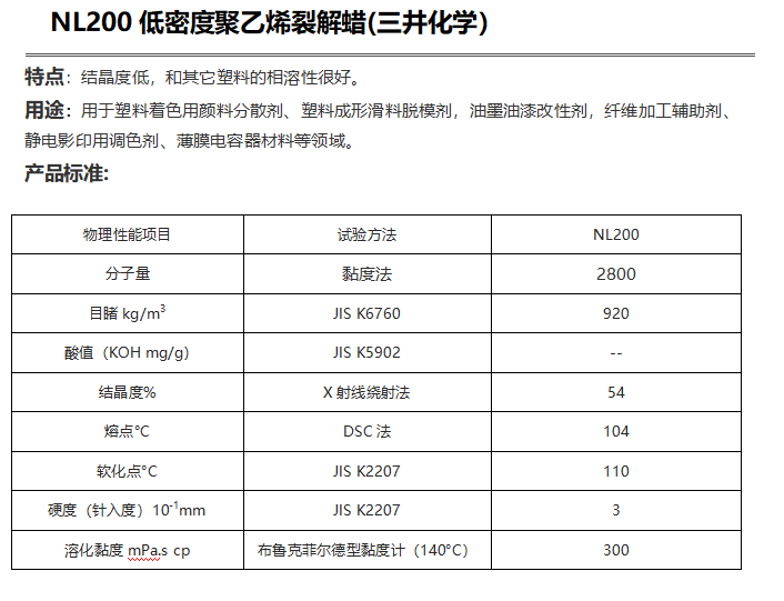 三井HI-WAX NL200低密度聚乙烯裂解蠟( PE蠟NL200)